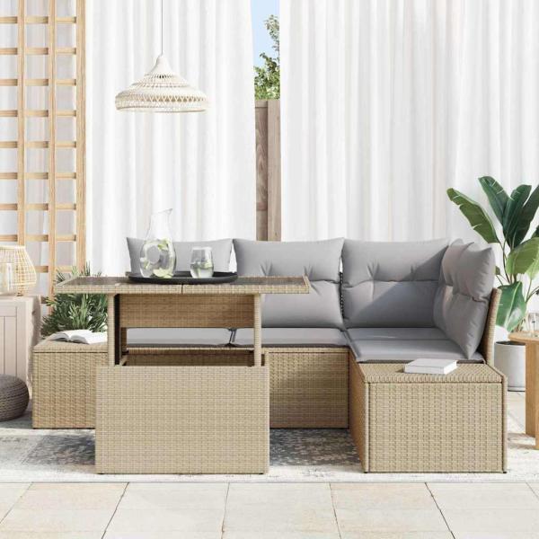 5-teiliges Garten Sofa Set mit Kissen Beige Poly Rattan