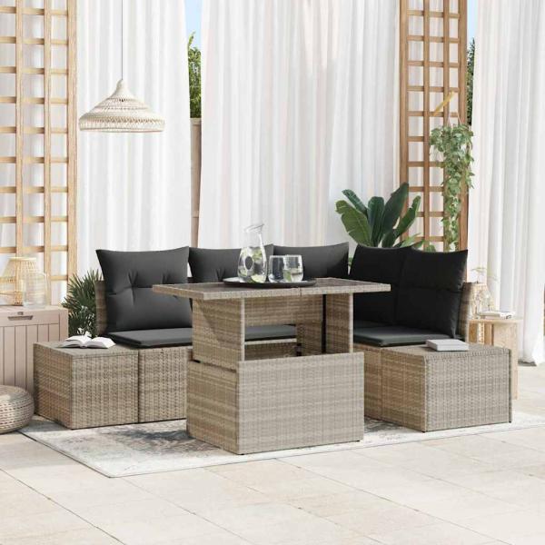 ARDEBO.de - 5-teiliges Garten Sofa Set mit Kissen Hellgrau Poly-Rattan