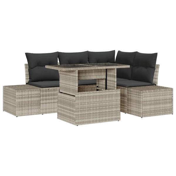 5-teiliges Garten Sofa Set mit Kissen Hellgrau Poly-Rattan
