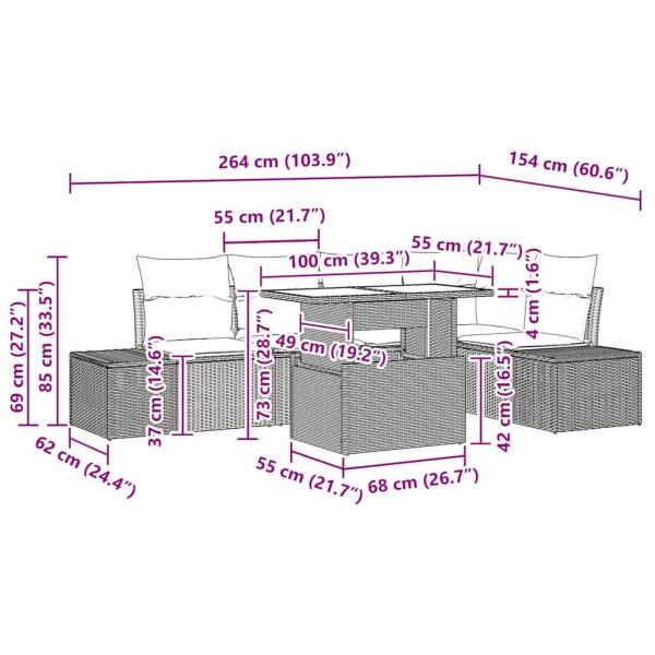 6-teiliges Garten-Sofa-Set mit Kissen Braun Poly-Rattan