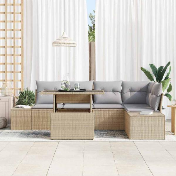 6-teiliges Garten-Sofa-Set mit Kissen Beige Poly Rattan