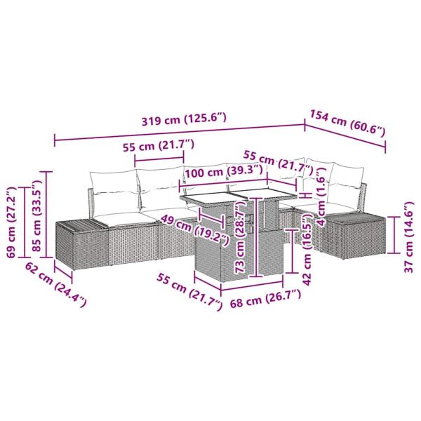 7-teiliges Gartensofa Set mit Kissen Schwarz Poly Rattan