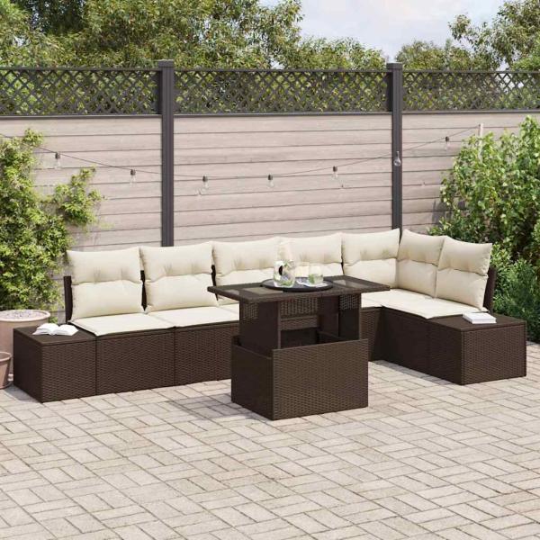 ARDEBO.de - 7-teiliges Garten-Sofa-Set mit Kissen aus braunem Poly-Rattan