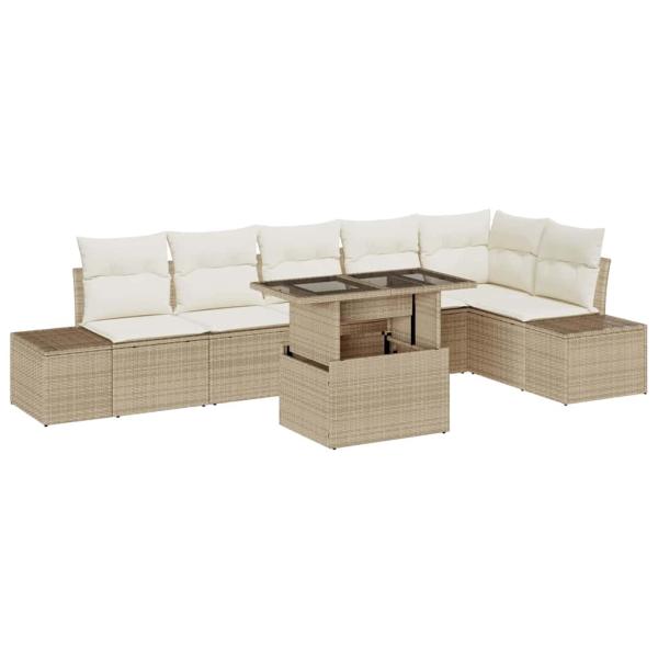 7-teiliges Garten Sofa Set mit Kissen Beige Poly Rattan