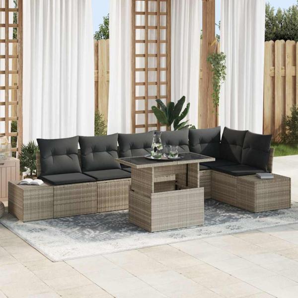 ARDEBO.de - Gartensofa-set mit Kissen 7 pcs Hellgrau Poly-Rattan