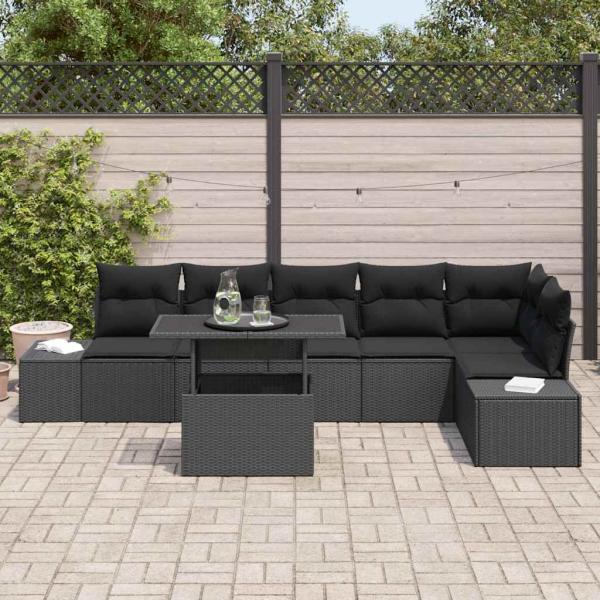 7-teiliges Garten-Sofa-Set mit Kissen Schwarz Poly-Rattan