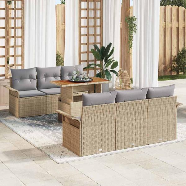 ARDEBO.de - 7-teiliges Garten-Sofa-Set mit Kissen Beige Poly Rattan Akazie