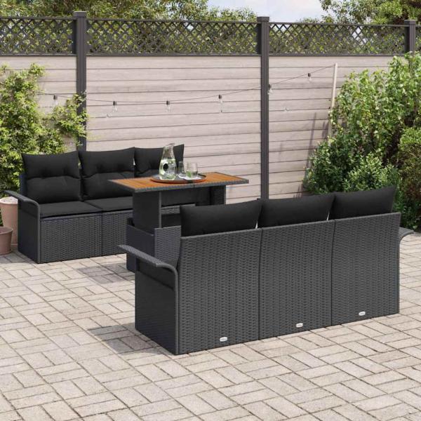 7-teiliges Garten Sofa Set mit Kissen Schwarz Poly Rattan Akazie