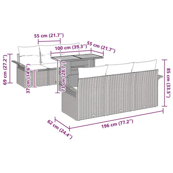7-teiliges Garten Sofa Set mit Kissen Schwarz Poly Rattan Akazie