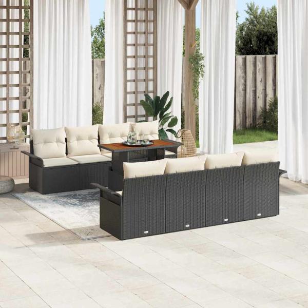 ARDEBO.de - 9-teiliges Garten Sofa Set mit Kissen Schwarz Poly Rattan Akazie
