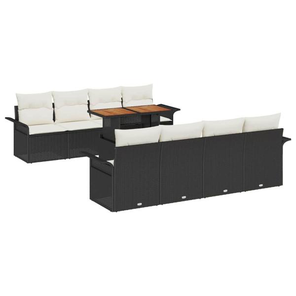 9-teiliges Garten Sofa Set mit Kissen Schwarz Poly Rattan Akazie