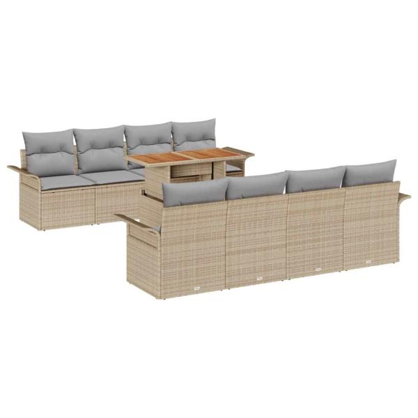 9-teiliges Garten Sofa Set mit Kissen Beige Poly Rattan Akazie