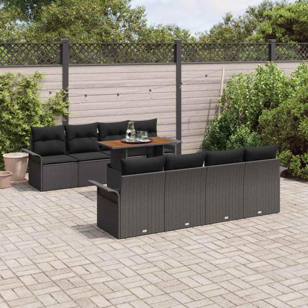 9-teiliges Garten Sofa Set mit Kissen Schwarz Poly Rattan Akazie