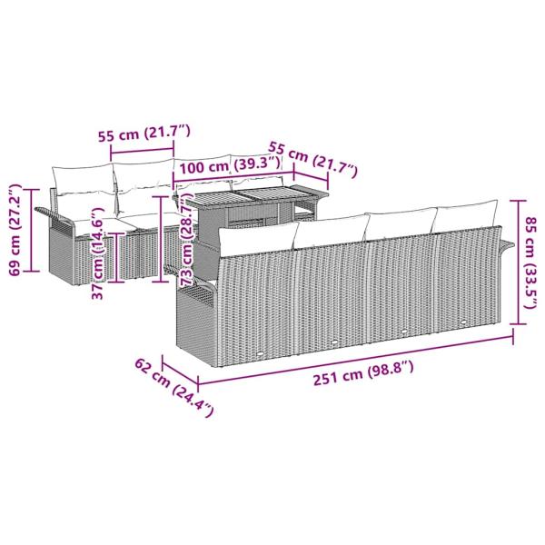 9-teiliges Garten Sofa Set mit Kissen Schwarz Poly Rattan Akazie