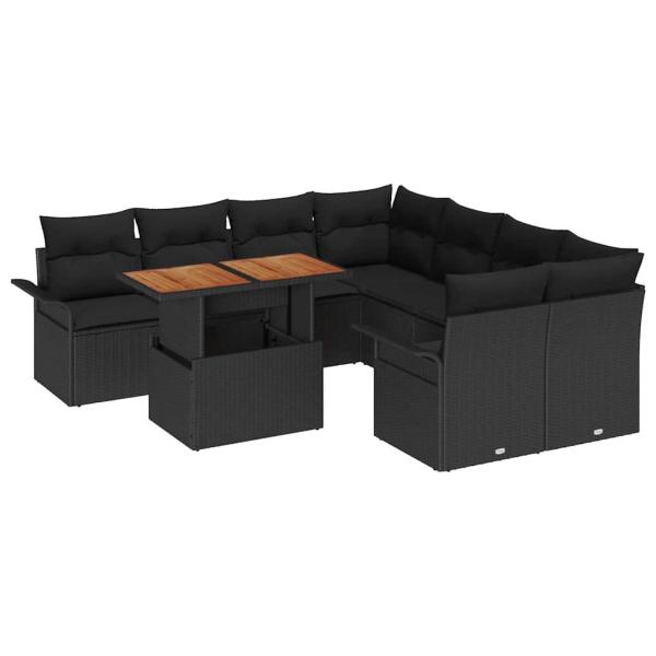 9-teiliges Garten Sofa Set mit Kissen Schwarz Poly Rattan Akazie