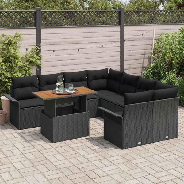 9-teiliges Garten Sofa Set mit Kissen Schwarz Poly Rattan Akazie