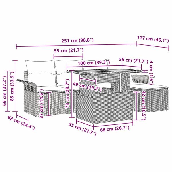 6-teiliges Garten-Essset mit Kissen Schwarz Poly Rattan Akazie