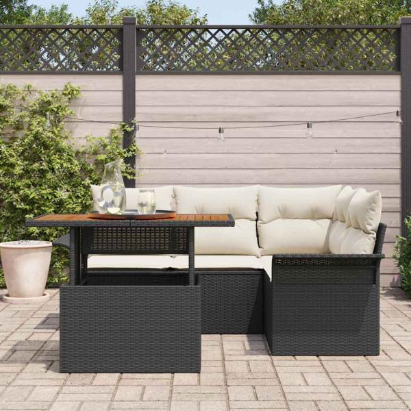 5-teiliges Garten-Ess-Set mit Kissen Schwarz Poly Rattan Akazie