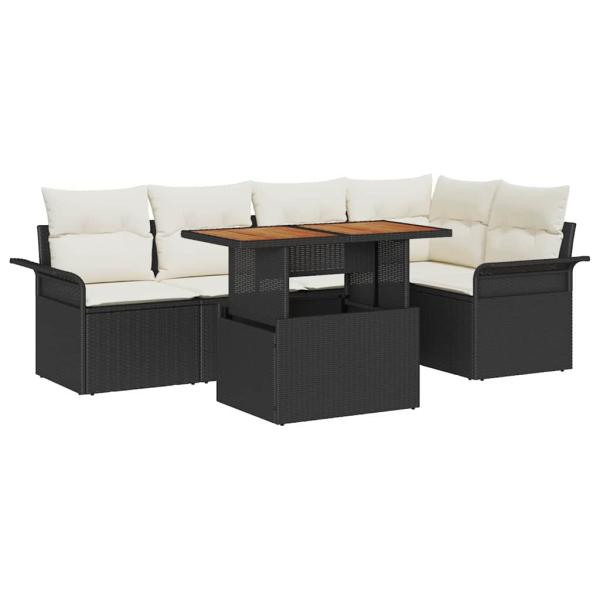 6-teiliges Garten Essset mit Kissen Schwarz Poly Rattan Akazie