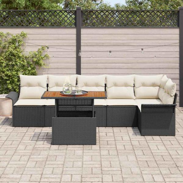 7-teiliges Garten Ess Set mit Kissen Schwarz Poly Rattan Akazie