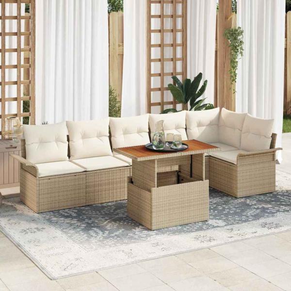 ARDEBO.de - 7-teiliges Garten Essgruppe mit Kissen Beige Poly Rattan Akazie