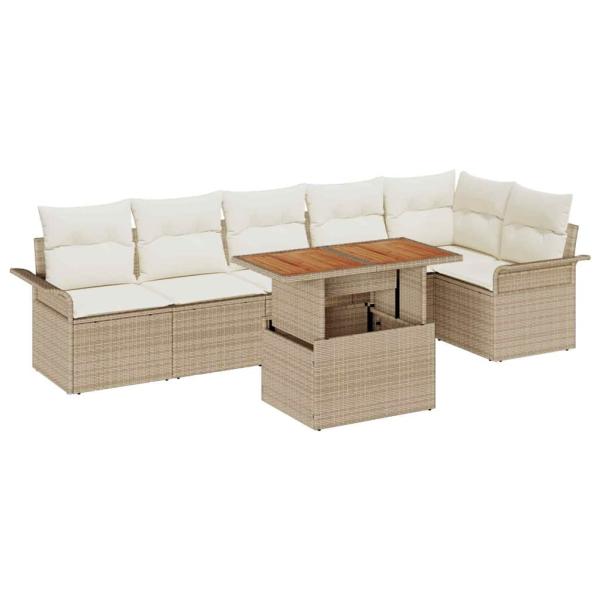 7-teiliges Garten Essgruppe mit Kissen Beige Poly Rattan Akazie