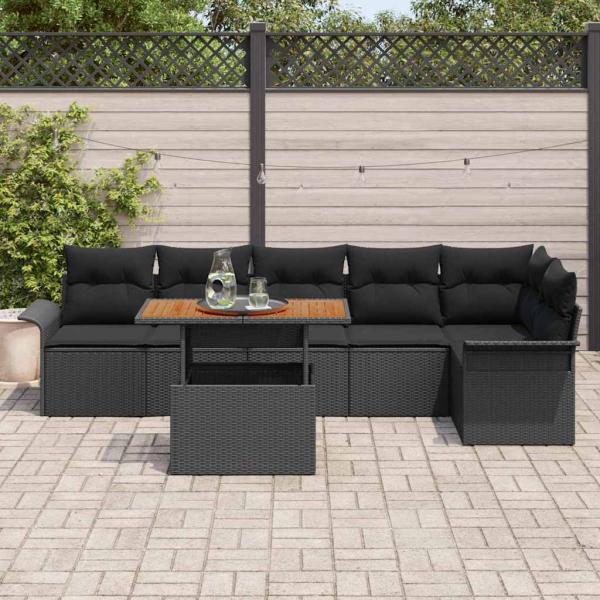 7-teiliges Garten Essset mit Kissen Schwarz Poly Rattan Akazie