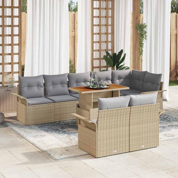 ARDEBO.de - 9-teilige Garten Esstischgruppe mit Kissen Beige Poly Rattan Akazie