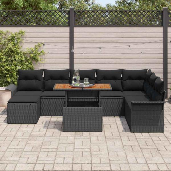 9-teiliges Garten Esstisch Set mit Kissen Schwarz Poly Rattan Akazie