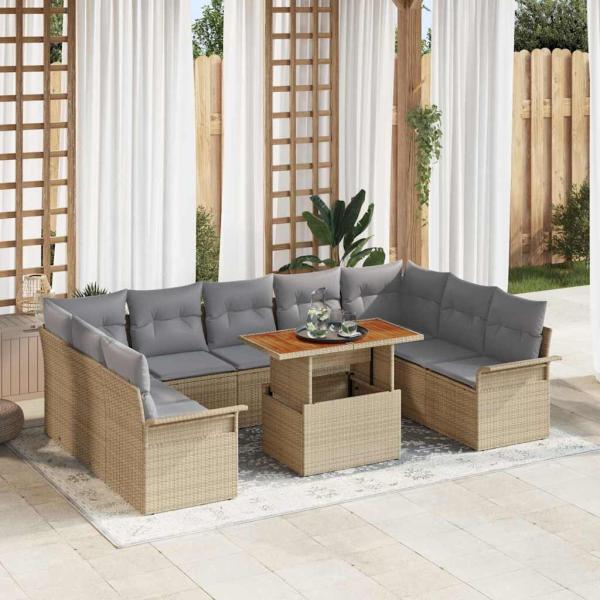 ARDEBO.de - 10-teiliges Garten Esszimmer Set mit Kissen Beige Poly Rattan Akazie
