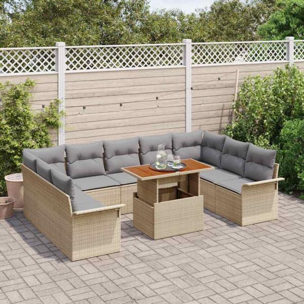 10-teiliges Garten Esszimmer Set mit Kissen Beige Poly Rattan Akazie