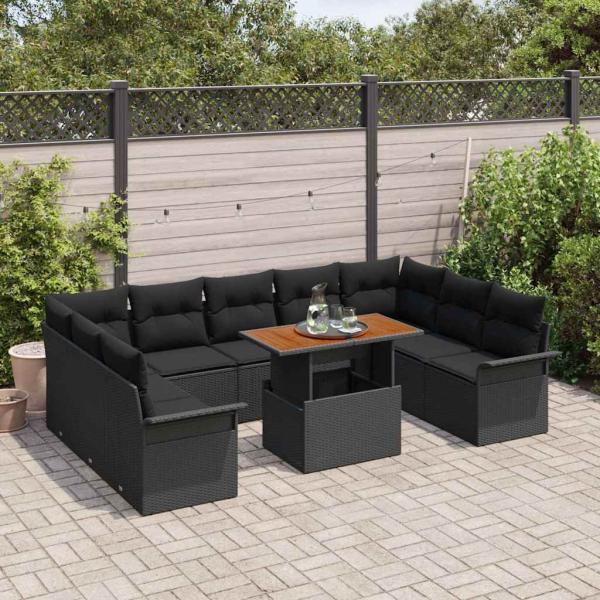 10-teilige Garten Essgruppe mit Kissen Schwarz Poly Rattan Akazie
