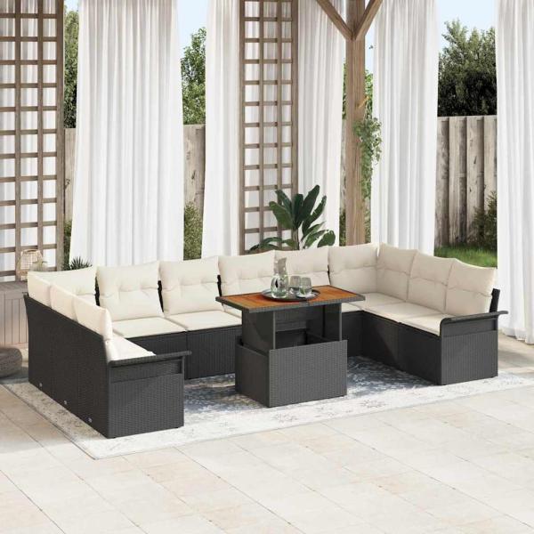 ARDEBO.de - 11-teilige Garten Essgruppe mit Kissen schwarzes Poly Rattan Akazie