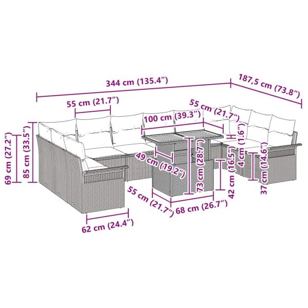 11-teilige Garten Essgruppe mit Kissen schwarzes Poly Rattan Akazie