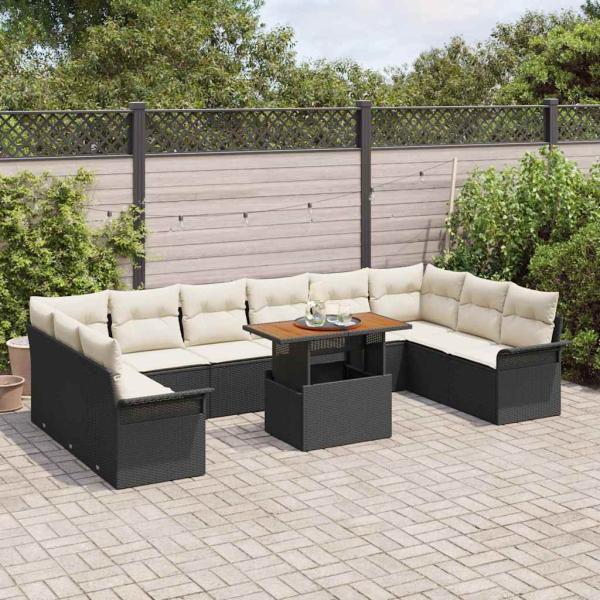 11-teilige Garten Essgruppe mit Kissen schwarzes Poly Rattan Akazie
