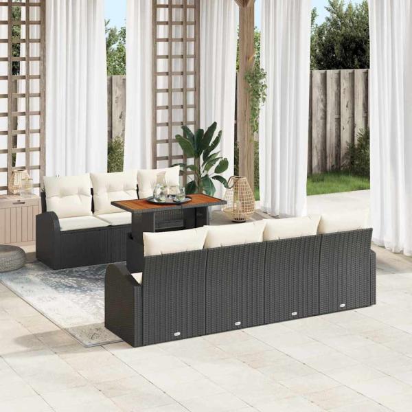 ARDEBO.de - 8-teiliges Garten-Ess-Set mit Kissen Schwarz Poly-Rattan Akazie