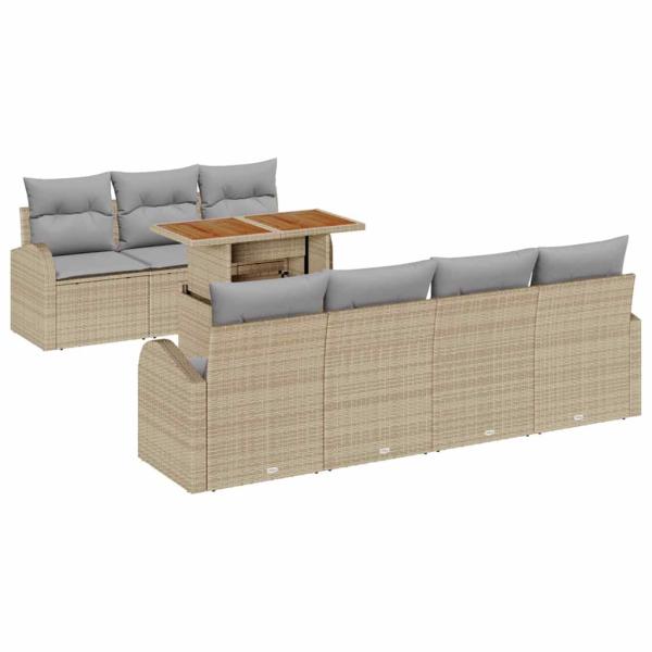 8-teiliges Garten Esstischset mit Kissen Beige Poly Rattan Akazie