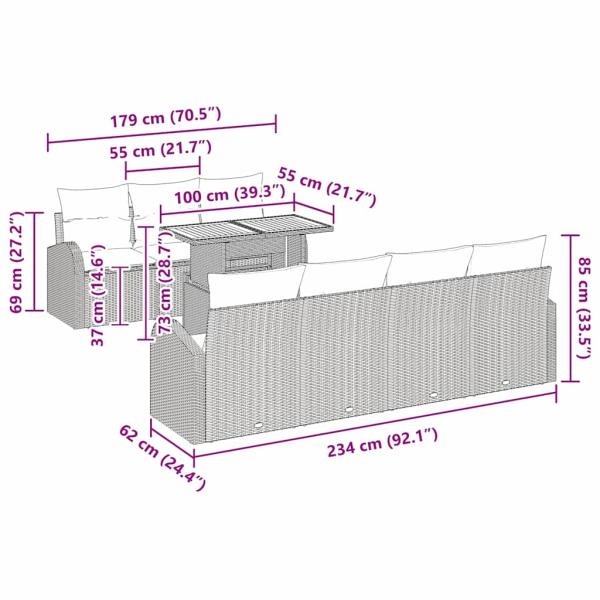 8-teiliges Garten-Essgruppen-Set mit Kissen Beige Poly Rattan Akazie