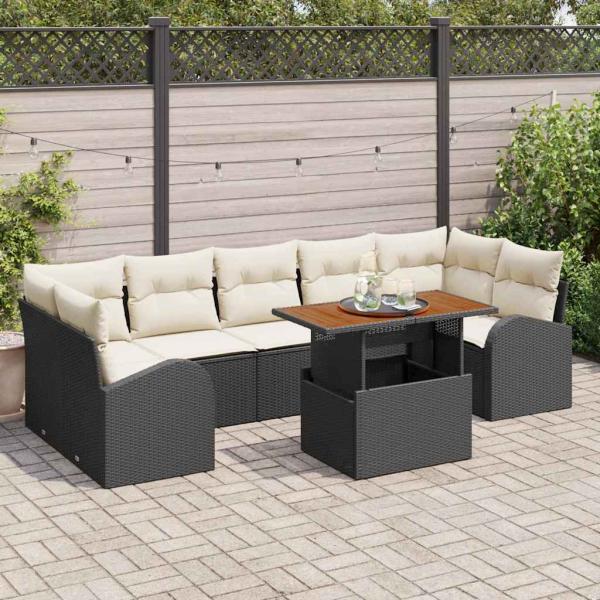 ARDEBO.de - 8-teiliges Garten Essset mit Kissen Schwarz Poly-Rattan Akazie