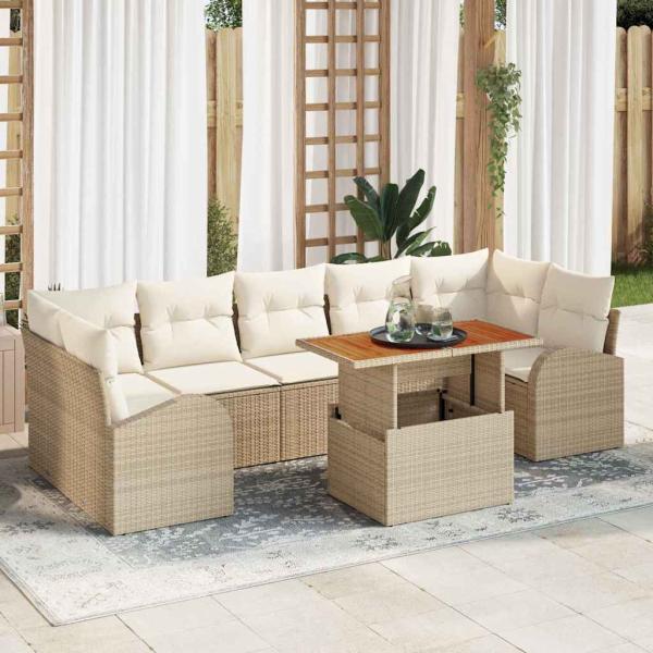 ARDEBO.de - 8-teiliges Garten Esstisch Set mit Kissen Beige Poly Rattan Akazie