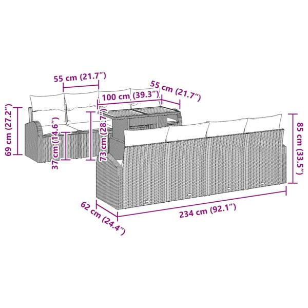 9-teilige Garten Essgruppe mit Kissen Beige Poly Rattan Akazie