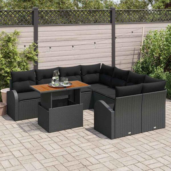 9-teilige Garten-Essgruppe mit Kissen Schwarzes Poly Rattan Akazie