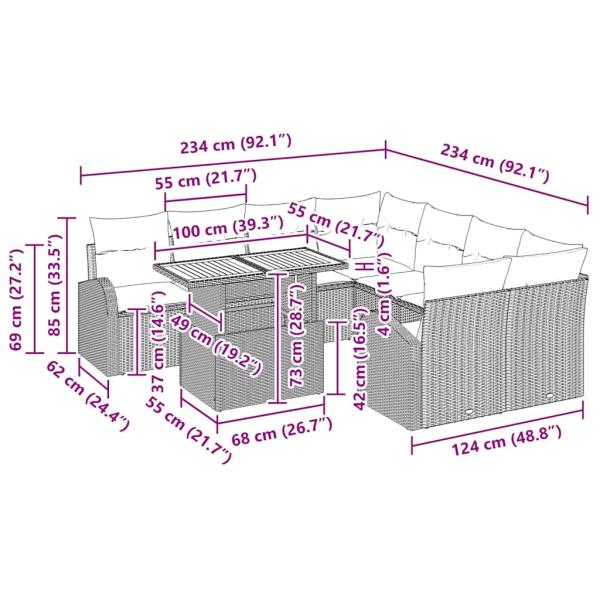 9-teilige Garten-Essgruppe mit Kissen Schwarzes Poly Rattan Akazie