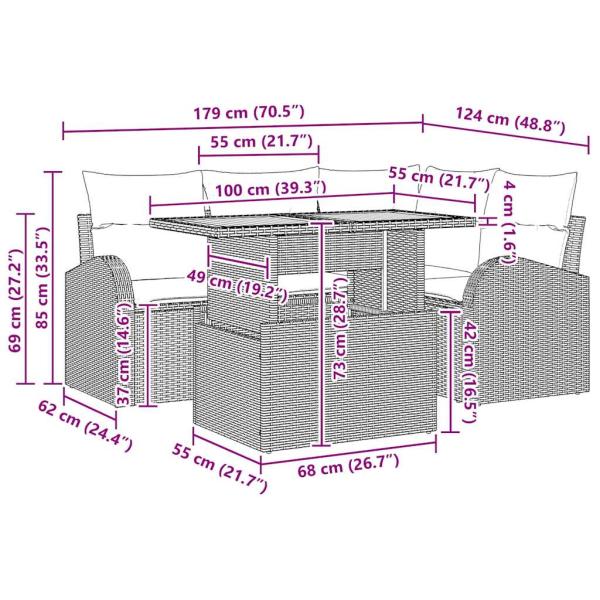 5-teiliges Garten Esszimmer Set mit Kissen Schwarz Poly Rattan Akazie
