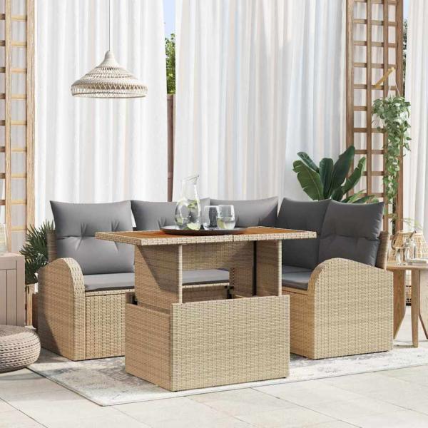 ARDEBO.de - 5-teiliges Garten Essset mit Kissen Beige Poly Rattan Akazie