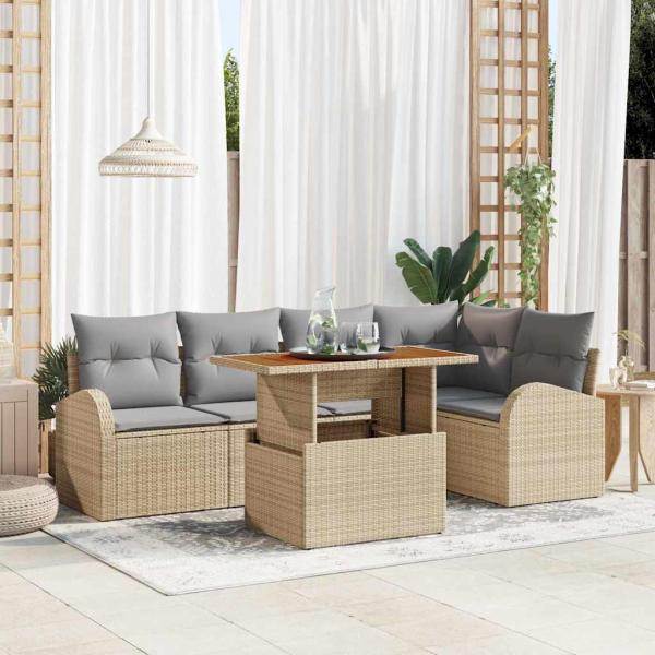 ARDEBO.de - 6-teiliges Garten Esstisch Set mit Kissen Beige Poly Rattan Akazie