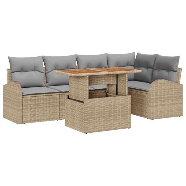 6-teiliges Garten Esstisch Set mit Kissen Beige Poly Rattan Akazie