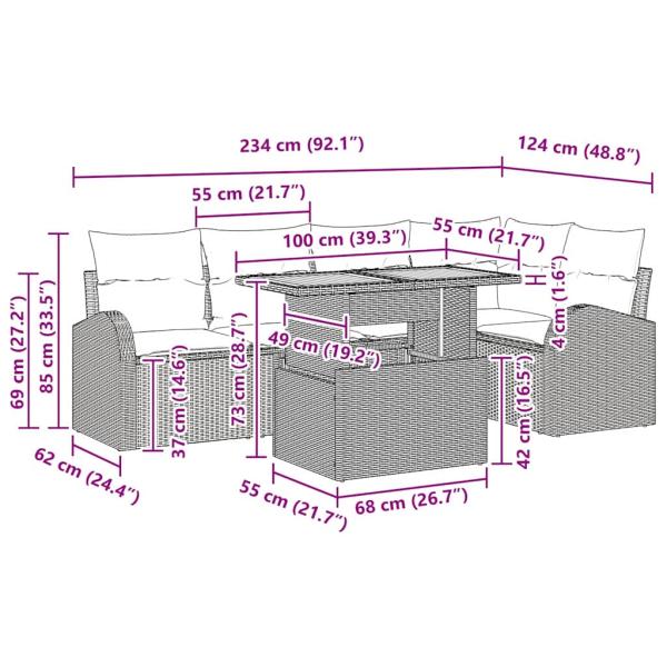 6-teiliges Garten Esstisch Set mit Kissen Beige Poly Rattan Akazie