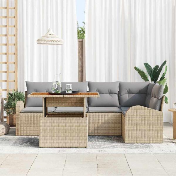 6-teiliges Garten Esstisch Set mit Kissen Beige Poly Rattan Akazie