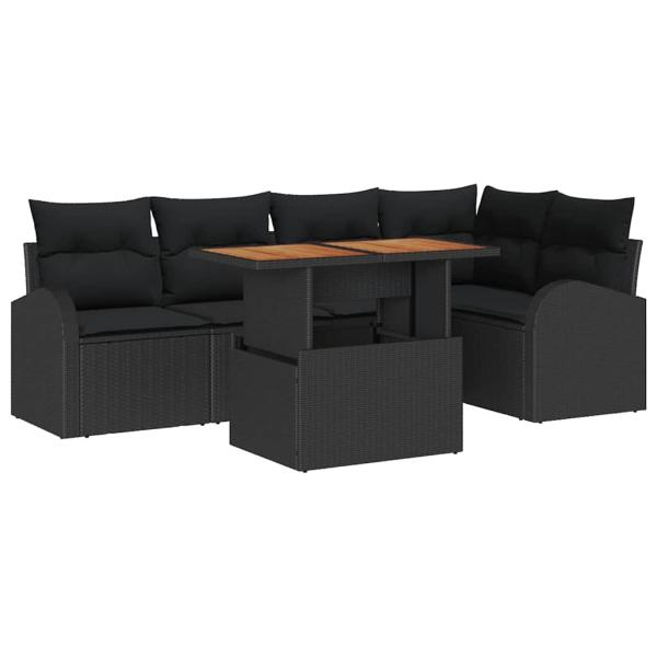 6-teiliges Garten Essgruppen Set mit Kissen Schwarz Poly Rattan Akazie